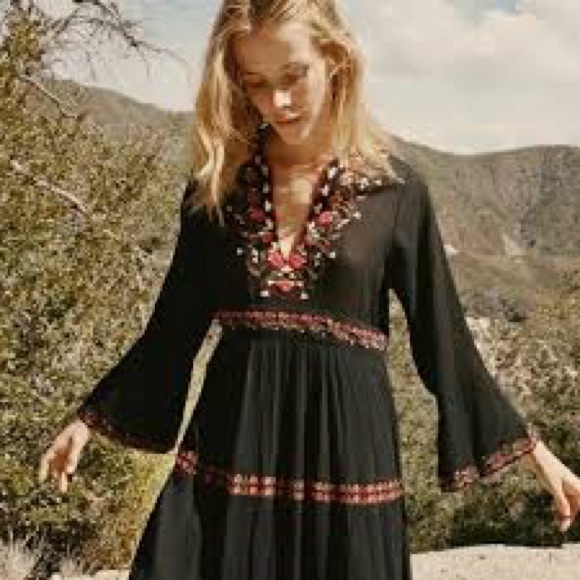 DOEN Embroidered Floral Black Cotton Gauze V-Neck Maxi Dress Large - Picture 2 of 4